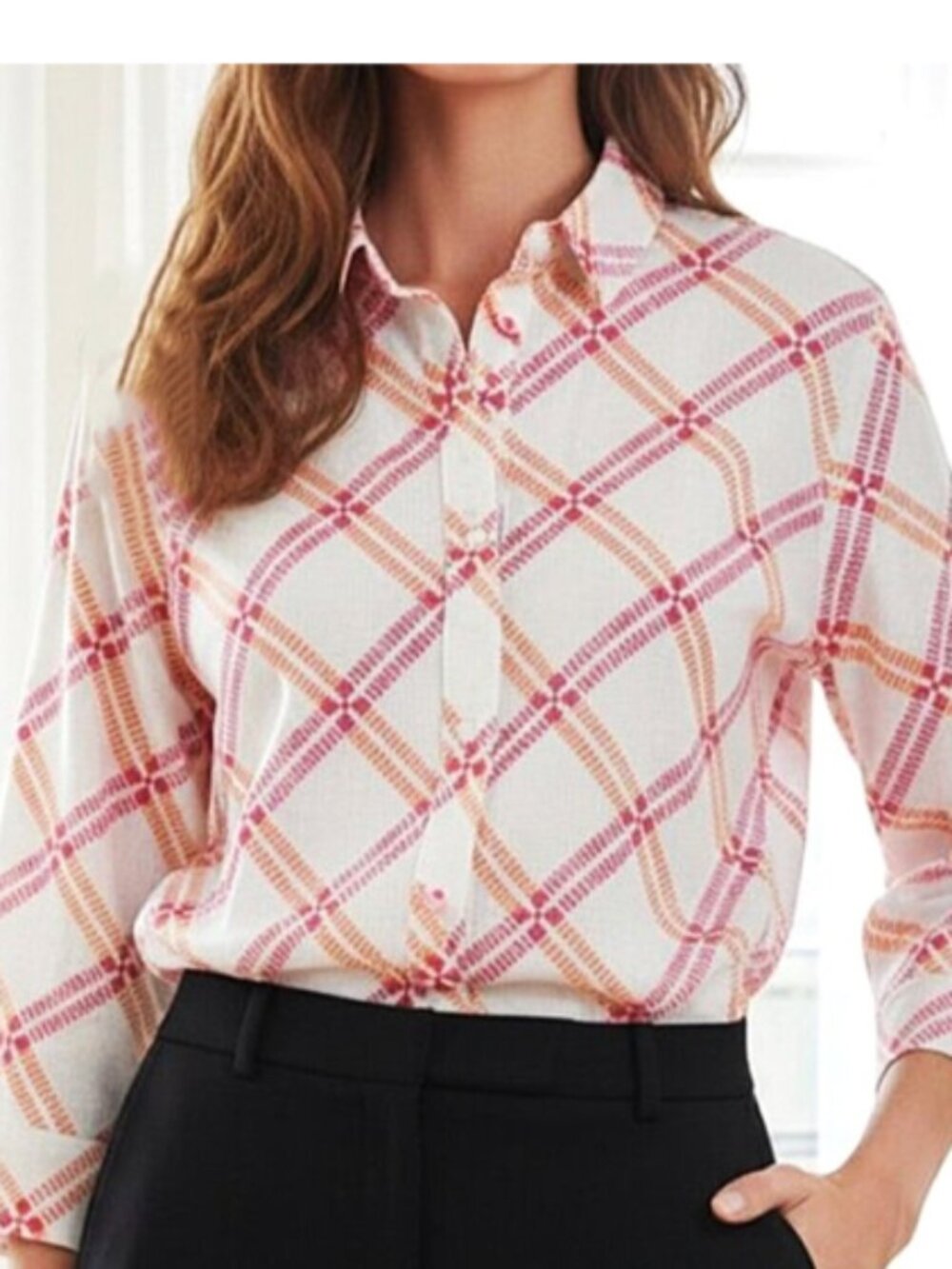 Chico's White Plaid No Iron Stretch blouse size 0